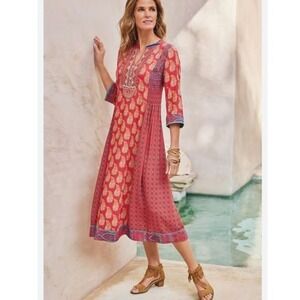 Soft Surroundings Phoenix Kaftan Midi Dress M Boho Beaded Embroidered Red Resort